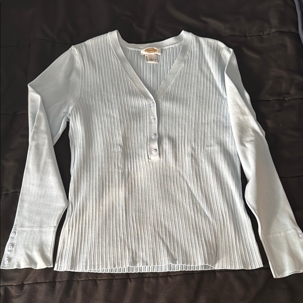 Talbots Light Blue V-Neck Ribbed Long Sleeve Top